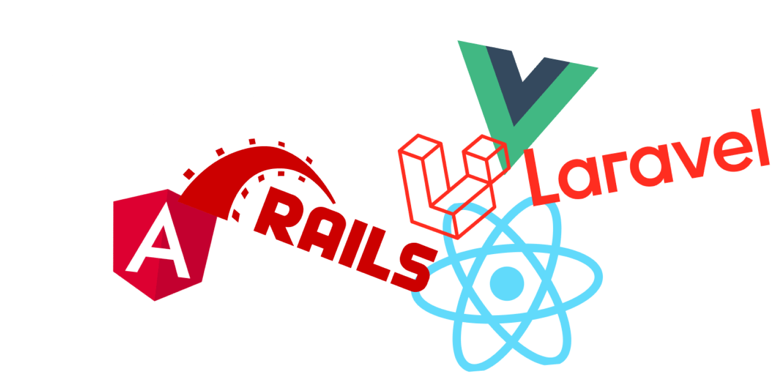 Django, Angular, Ruby on Rails, React, Vue, Laravel logos